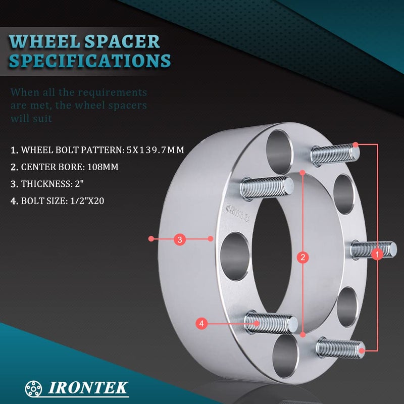 IRONTEK 2" 5x139.7mm Wheel Spacers (1/2" x20 Studs 108mm Hub Bore) 5x5.5 Hubcentric Wheel spacers fit Ford E150/F150 /Bronco, for Dodge Ram 1500 Van/B1500/W150, for Jeep CJ3 CJ5 CJ5A CJ6 CJ6A CJ7 - Image 3